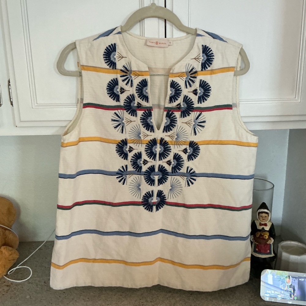 Tory Burch Cream and Blue Embroidered Blouse